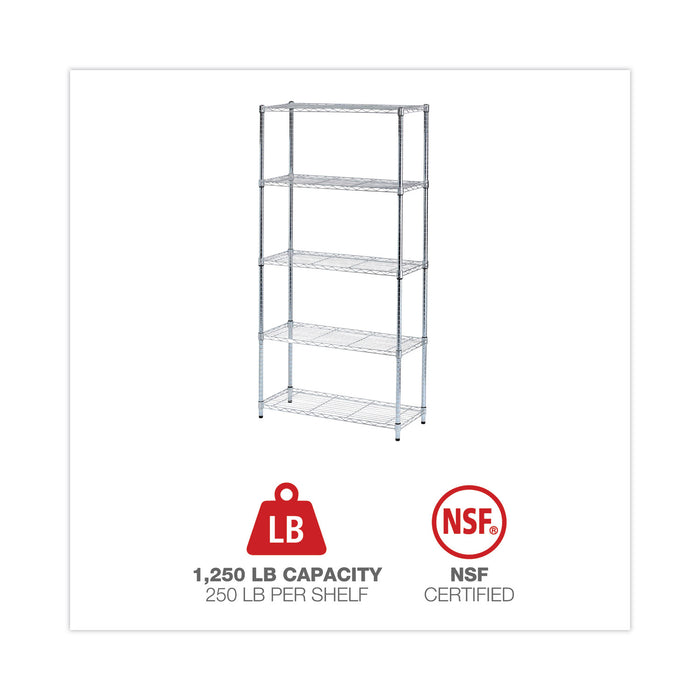Residential Wire Shelving, Five-Shelf, 36w x 14d x 72h, Silver