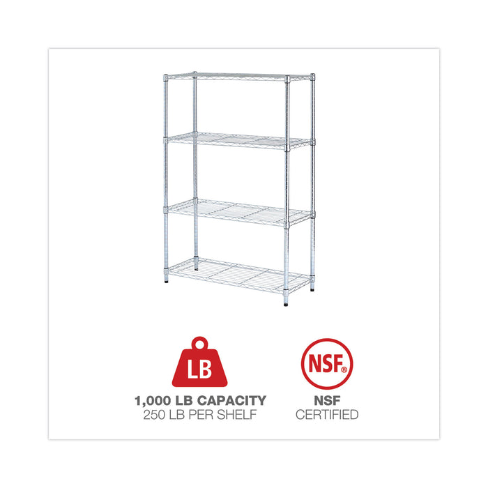 Residential Wire Shelving, Four-Shelf, 36w x 14d x 54h, Silver