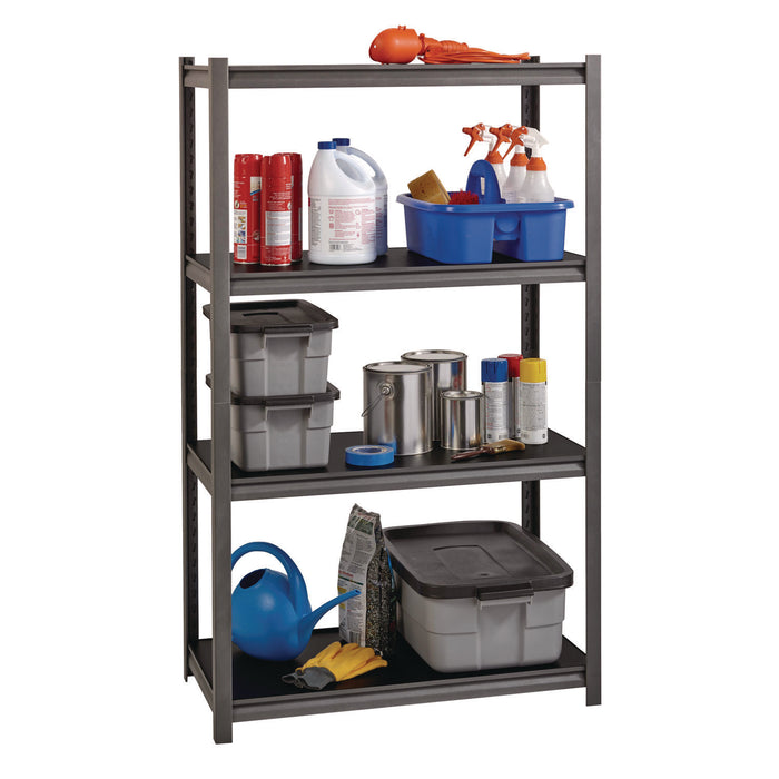 Steel Shelving Unit with Laminate Shelves, Four-Shelf, 36w x 18d x 60h, Steel, Black/Gun Metal Gray