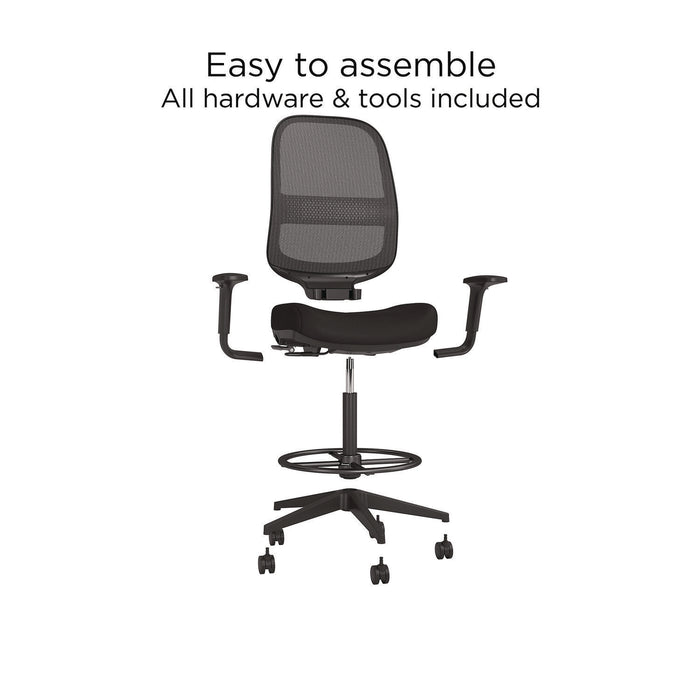 Kempton Fabric Mesh Task Stool, Supports Up to 275 lb, 26.57 to 33.62 Seat Height, Black Seat, Black Back, Black Base