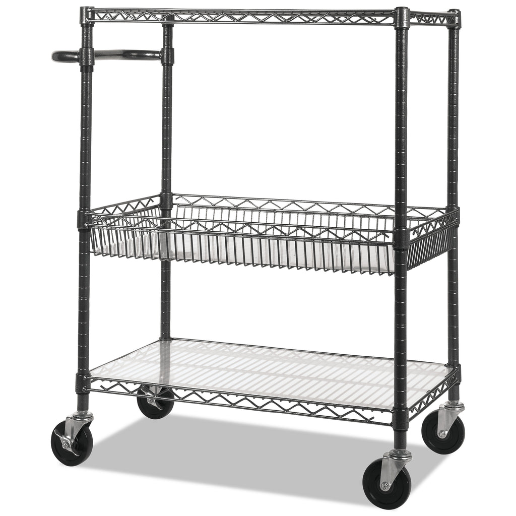 Three-Tier Wire Cart with Basket, Metal, 2 Shelves, 1 Bin, 500 lb