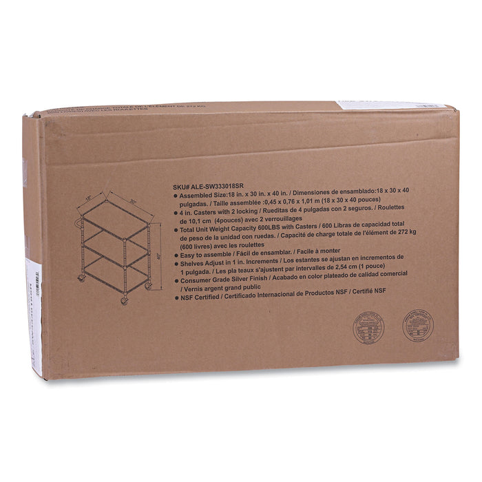 Three-Shelf Wire Cart with Liners, Metal, 3 Shelves, 600 lb Capacity, 34.21" x 18" x 40", Silver