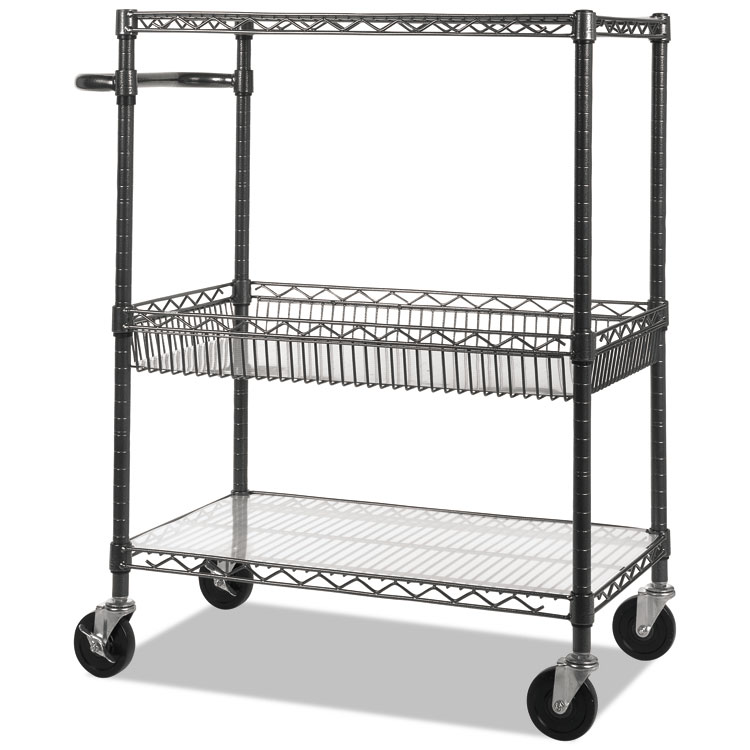 Alera®Three-Tier Wire Cart with Basket, Metal, 2 Shelves, 1 Bin